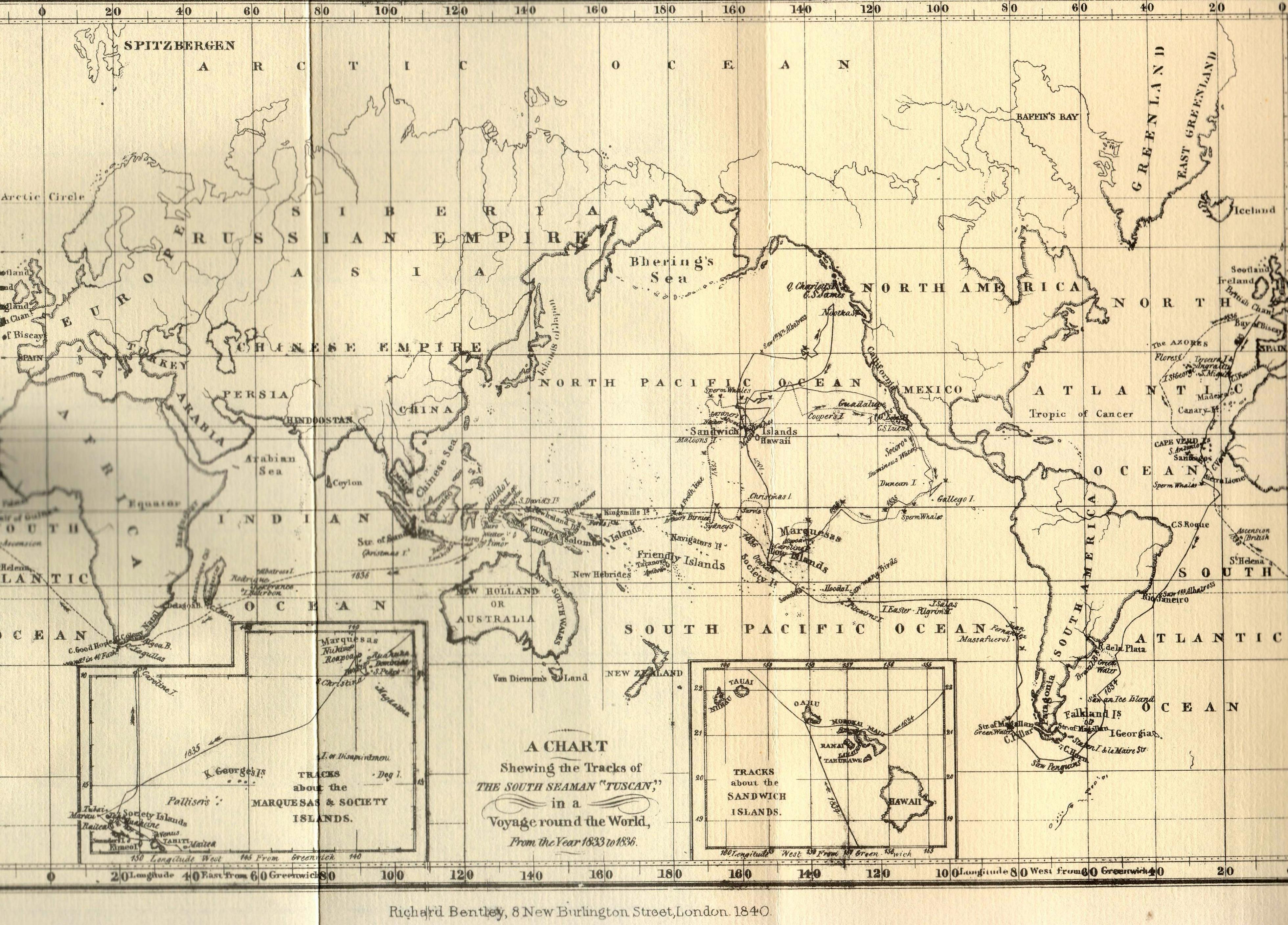 Chart shewing the tracks of the South Seaman Tuscan ... 1833 to 1836.